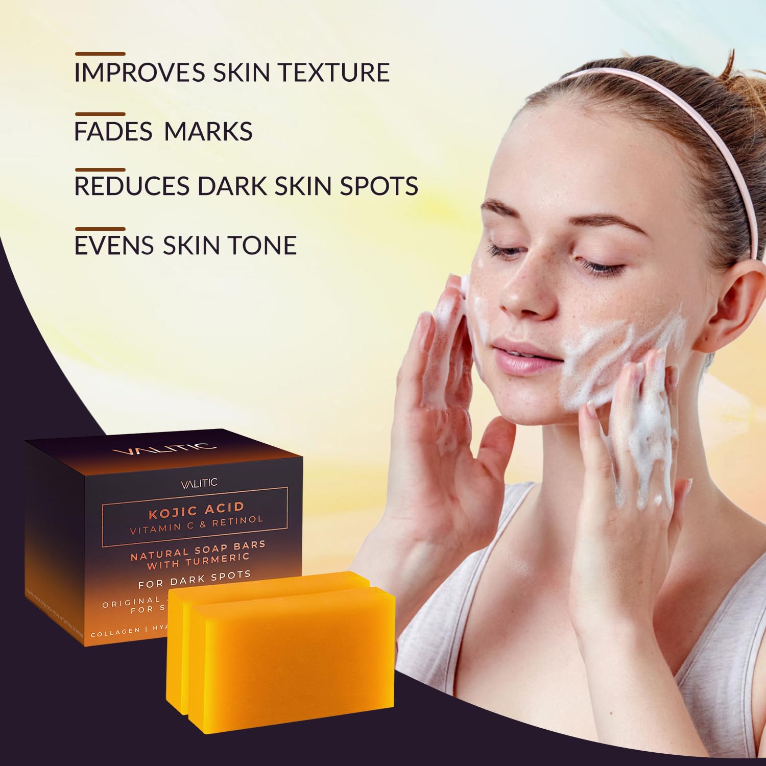 VALITIC Kojic Acid Vitamin C and Retinol Soap Bars with Turmeric for Dark Spot - Original Japanese Complex Infused with Collagen, Hyaluronic Acid, and Vitamin E (2 Pack) : Beauty & Personal Care