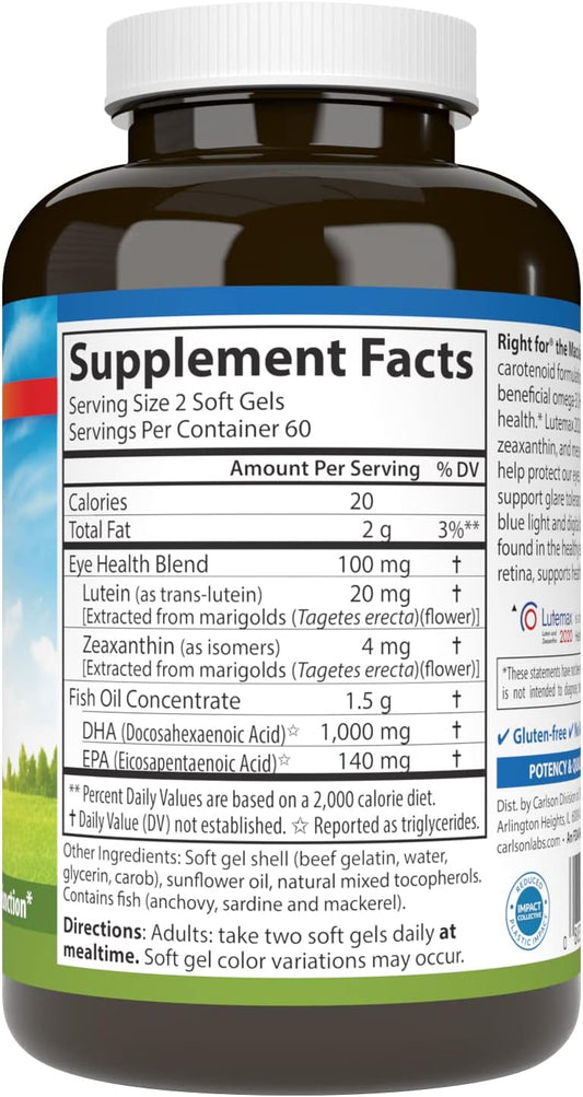 Carlson - Right for The Macula, Clinically Proven to Support Vision Health, Macular Health, Blue Light Protection & Eye Function, 120 Softgels