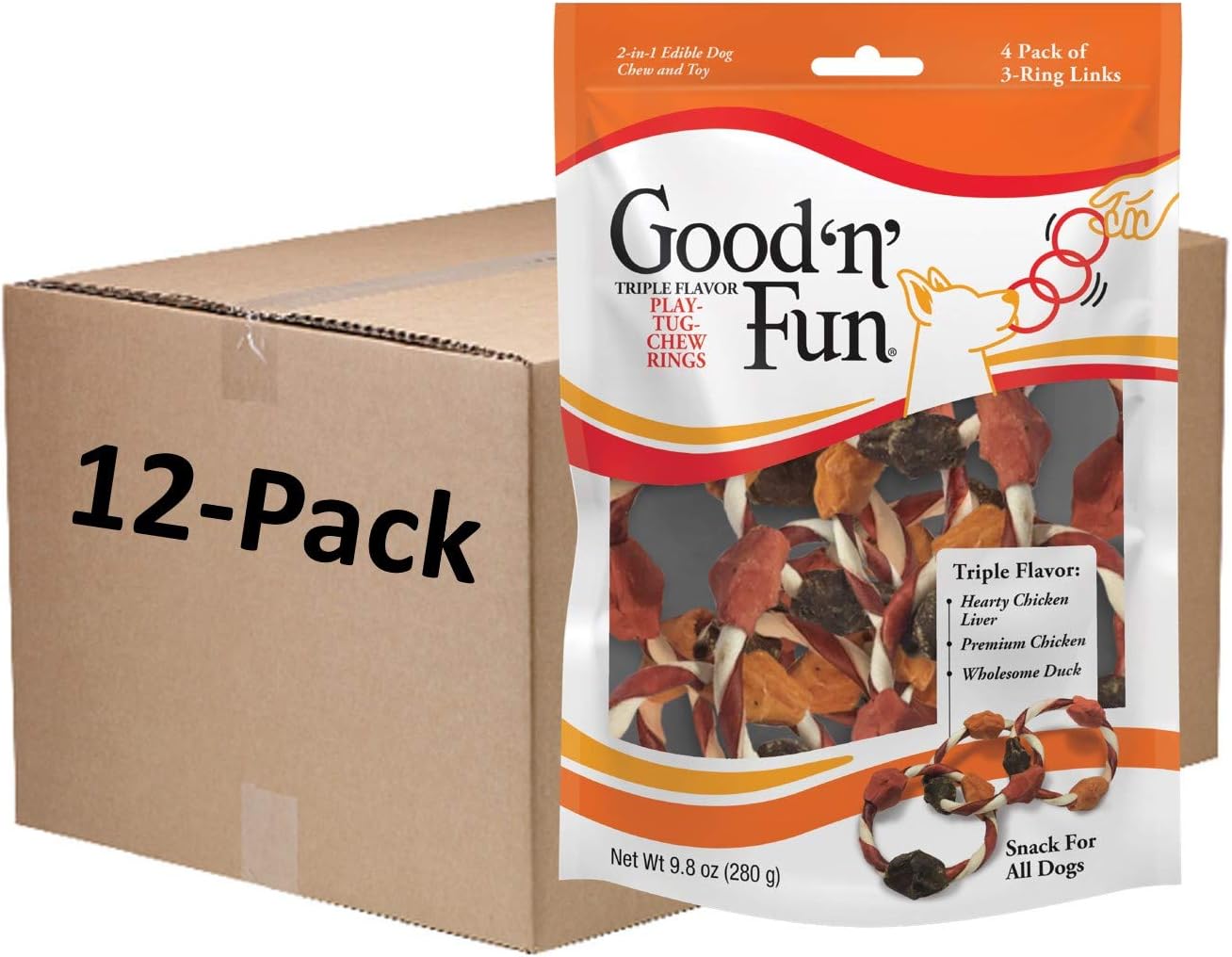 Good'N'Fun Good ’N’ Fun Triple Flavor Play-Tug-Chew Rings 4 Count, Snack For All Dogs (1 Case Of 12 Individual Packs)