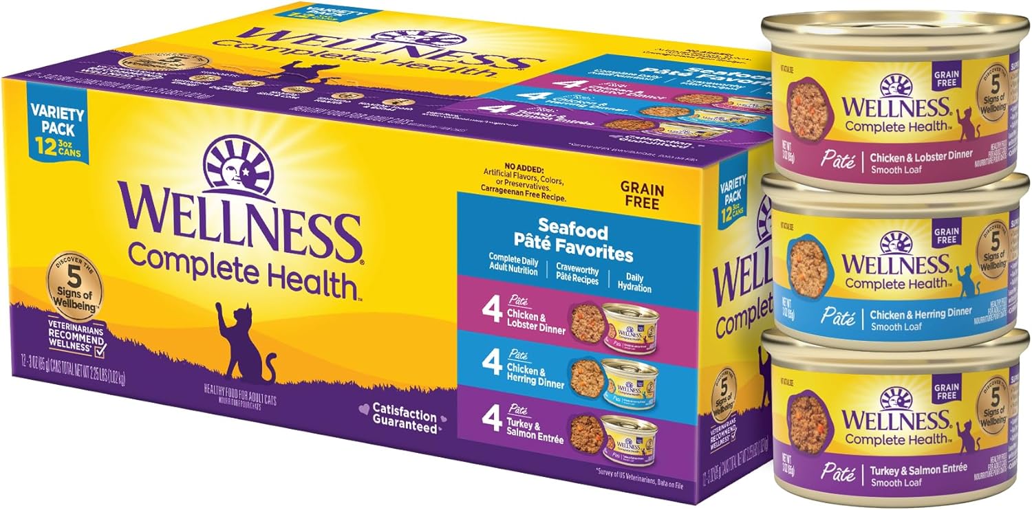 Wellness Complete Health Grain-Free Wet Canned Cat Food, Seafood Pate Favorites Variety Pack, 3 Ounce Can (Pack Of 12)