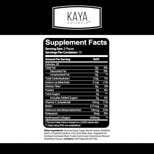 Kaya Naturals Collagen Gummies For Men & Women Supplement | Nature Made Gummies - 1000Mg Of Hydrolyzed Collagen, Vitamin C, Selenium & Biotin, Strawberry Flavor - 30 Count Gummies