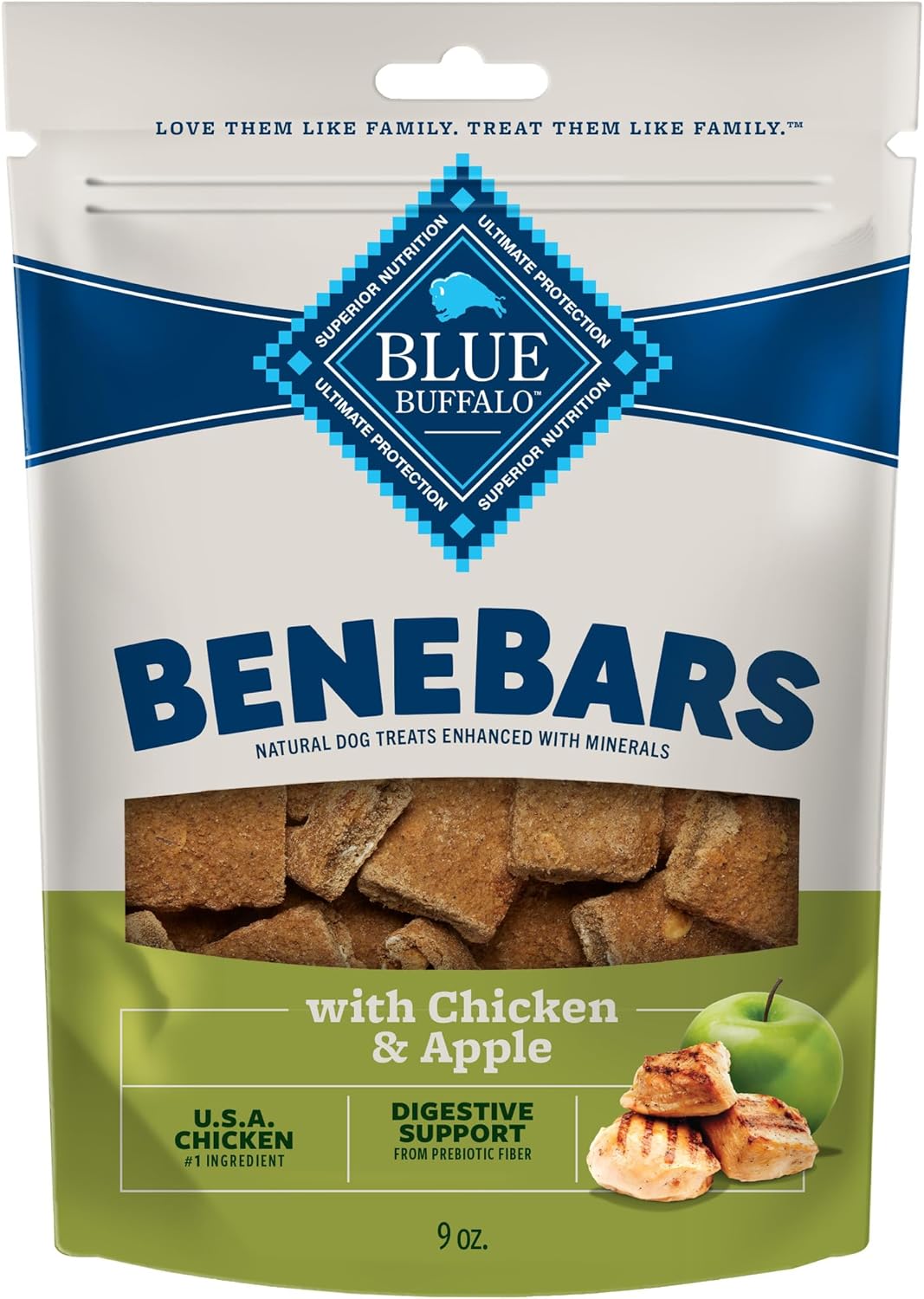 Blue Buffalo Benebars Digestive Support Dog Treats With Prebiotic Fiber, Made With Natural Ingredients, Usa Chicken & Apple, 9-Oz. Bag