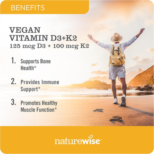 Naturewise Vitamin D3 + K2 With Plant Based Vitamin D 5000Iu & 100Mcg Vitamin K2 As Mk-7 - Max Absorption - Vegan Non-Gmo - Immune Support - With Extra Virgin Olive Oil - 60 Softgels[2-Month Supply]