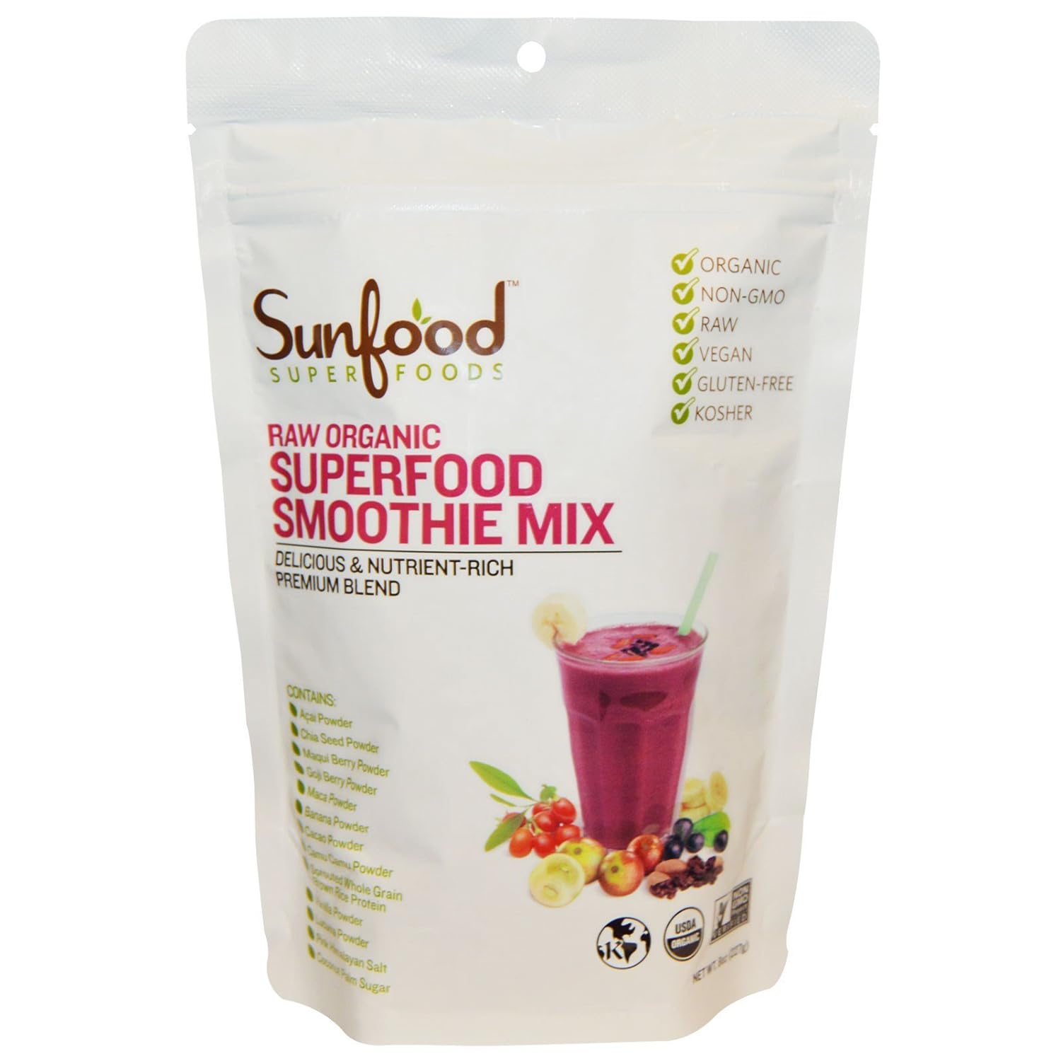 Sunfood Superfoods Smoothie Mix, Gluten Free, Organic, Vegan, Protein Blend w/Whole Foods, Vitamins, Fiber, Chia Seeds, Maca & Acai Powder, Energy Support, Meal Replacement, 8 oz Bag, 5 Servings : Grocery & Gourmet Food