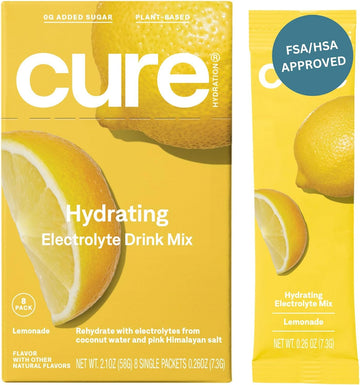 Cure Hydrating Electrolyte Mix | Electrolyte Powder for Dehydration Relief | Made with Coconut Water | No Added Sugar | Vegan | Paleo Friendly | Box of 8 Hydration Packets - Lemon