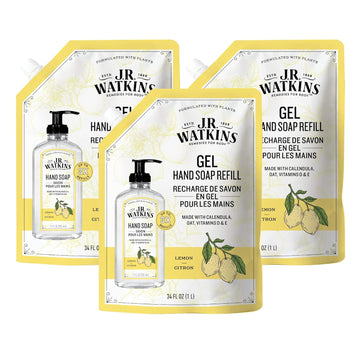 J.R. Watkins Gel Hand Soap Refill, Moisturizing Hand Wash, All Natural, Alcohol-Free, Cruelty-Free, Usa Made, Lemon, 34 Fl Oz, 3 Pack
