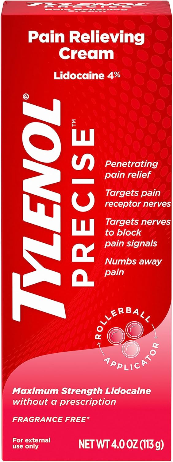 Tylenol Maximum Strength 4% Lidocaine Pain Relieving Cream For Back, Knee & Joints - Penetrating, Fragrance Free, 4Oz