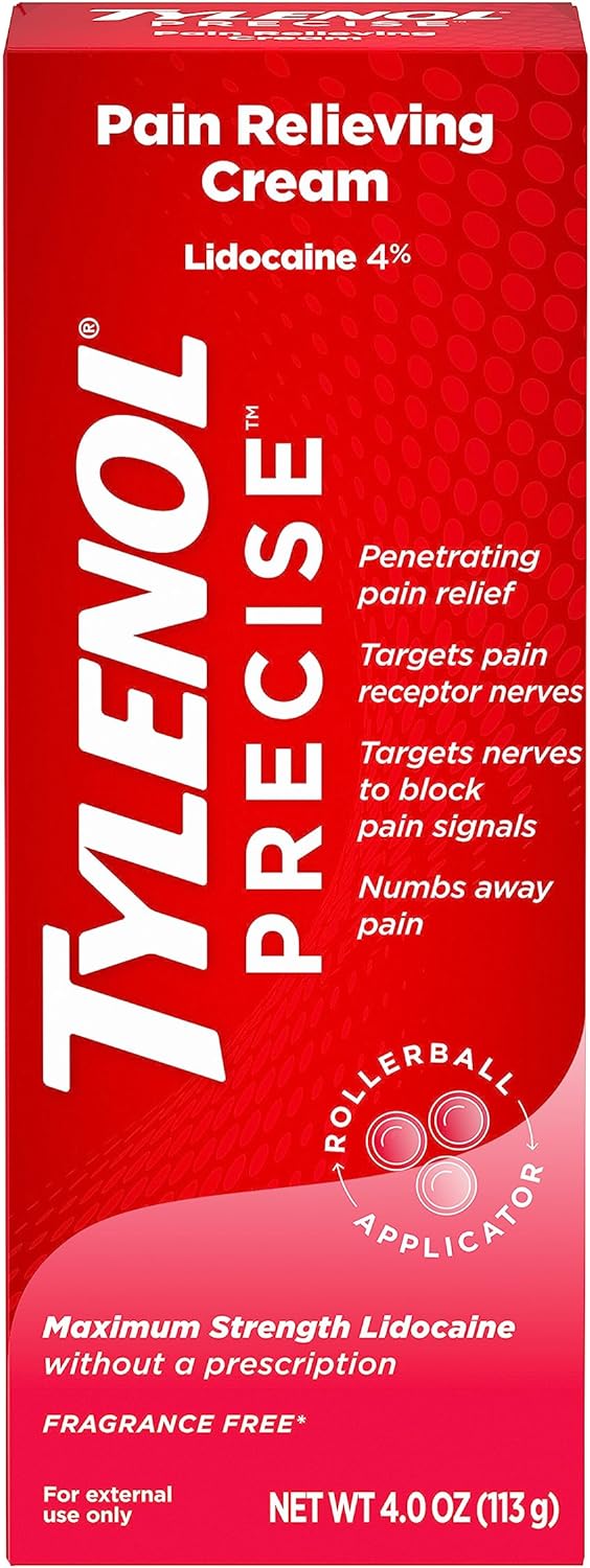 Tylenol Maximum Strength 4% Lidocaine Pain Relieving Cream for Back, Knee & Joints - Penetrating, Fragrance Free, 4oz