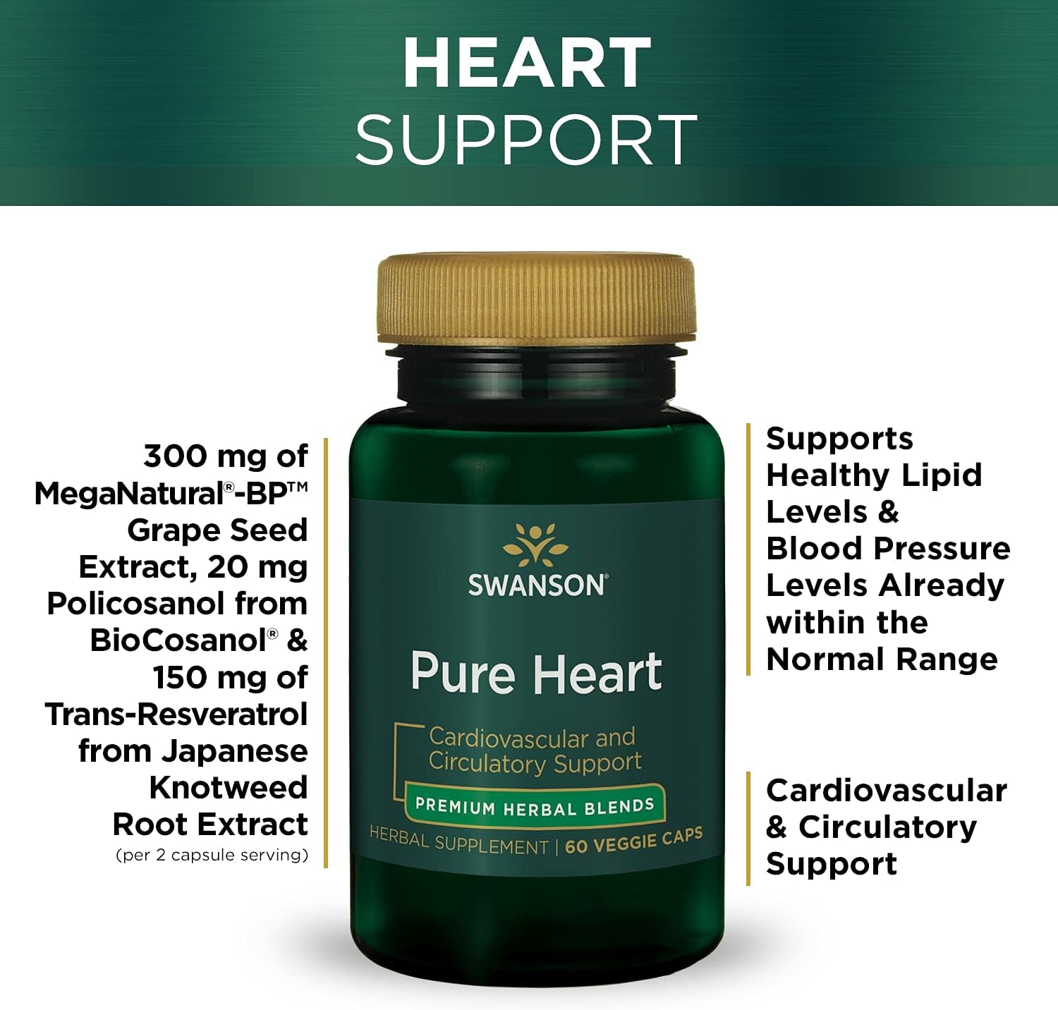 Swanson Pure Heart Cardiovascular Circulatory Health Antioxidant Resveratrol Blood Pressure Cholesterol Support Herbal Supplement 60 Veggie Capsules (Veg Caps) Vegan : Health & Household