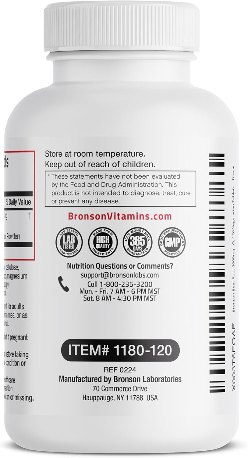 Bronson Beet Root Extra Strength (Equivalent to 2000mg Beet Root per Serving from 500mg 4:1 Extract), Non-GMO, 120 Vegetarian Tablets