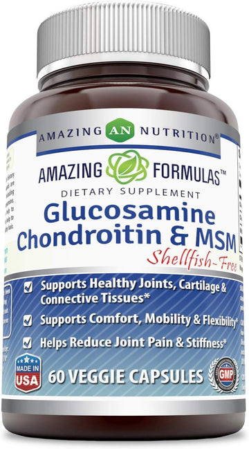 Amazing Formulas Glucosamine Chondroitin & MSM 60 Veggie Capsules | Shellfish Free | Non-GMO | Gluten Free | Made in USA | Ideal for Vegetarians