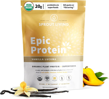 Sprout Living Epic Protein, Plant Based Protein & Superfoods Powder, Vanilla Lucuma Powder | 20 Grams Organic Protein Powder, Vegan, Non Dairy, Non-Gmo, Gluten Free, Low Sugar (1 Pound, 12 Servings)