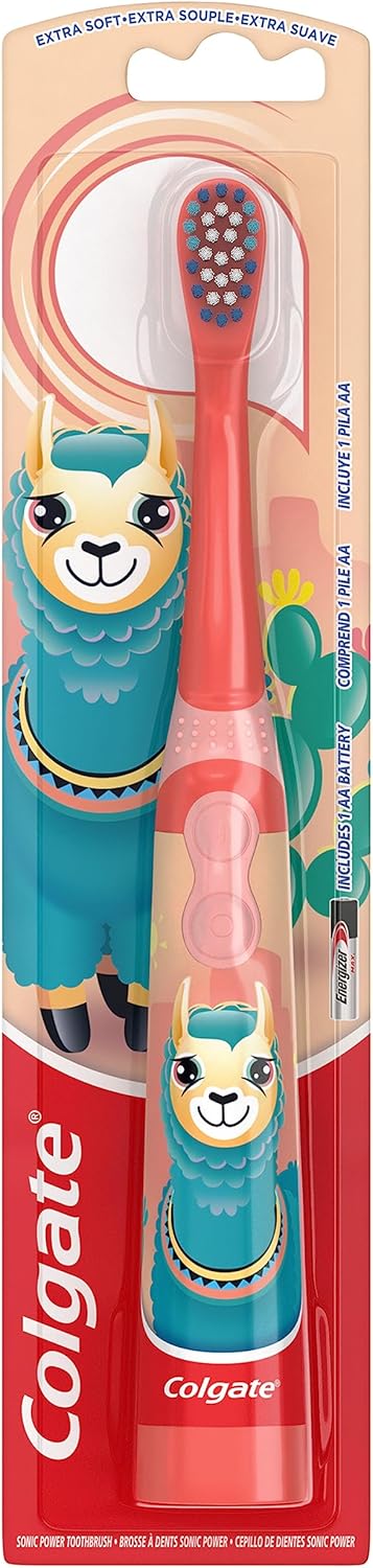 Colgate Kids Battery Powered Toothbrush, Kids Battery Toothbrush With Included Aa Battery, Extra Soft Bristles, Flat-Laying Handle To Prevent Rolling, Llama Toothbrush, 1 Pack