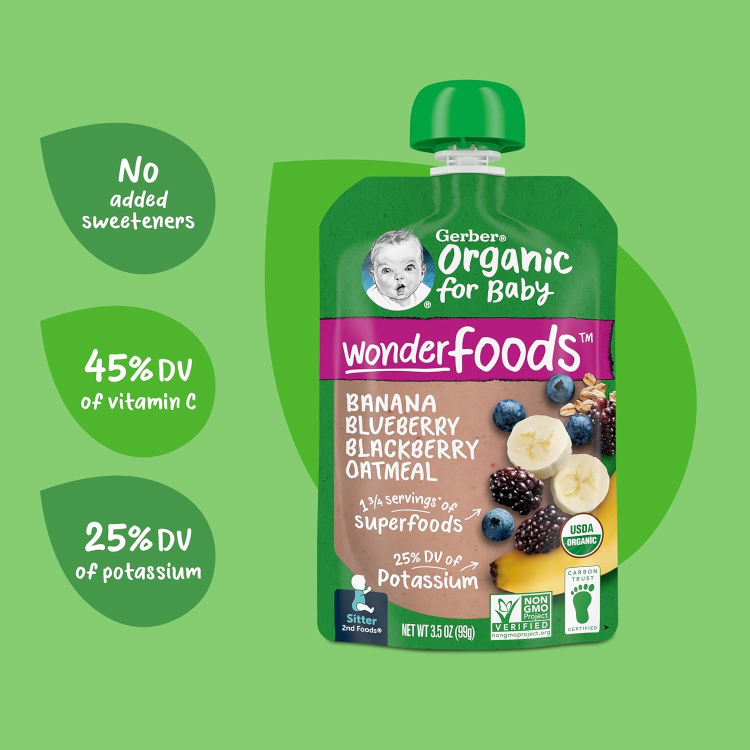 Gerber Organic Baby Food Pouches, 2nd Foods for Sitter, WonderFoods, Banana Blueberry Blackberry Oatmeal, 3.5 Ounce (Pack of 12) : Baby Food Fruit : Everything Else