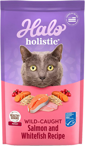 Halo Holistic Cat Food Dry, Wild-Caught Salmon And Whitefish Recipe, Complete Digestive Health, Dry Cat Food Bag, Adult Formula, 10-Lb Bag