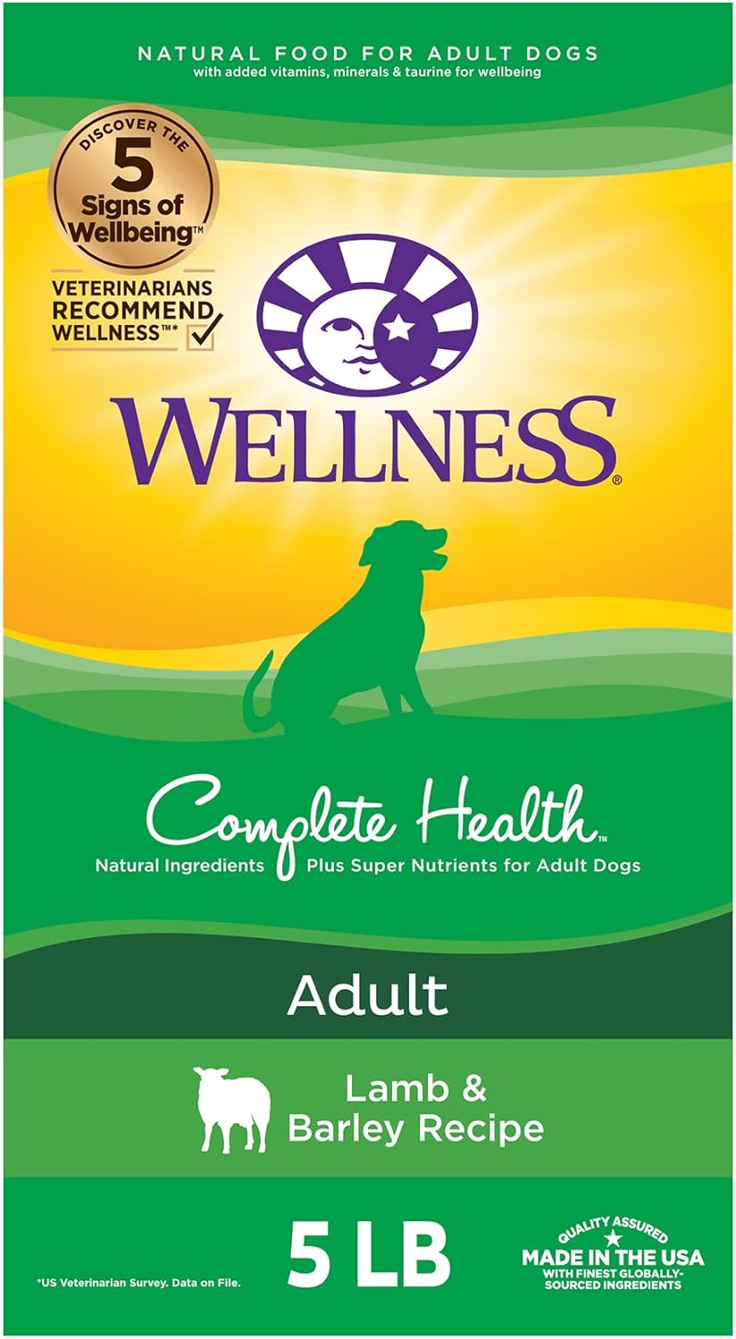 Wellness Complete Health Dry Dog Food with Grains, Natural Ingredients, Made in USA with Real Meat, All Breeds, For Adult Dogs (Lamb & Barley, 5-Pound Bag)
