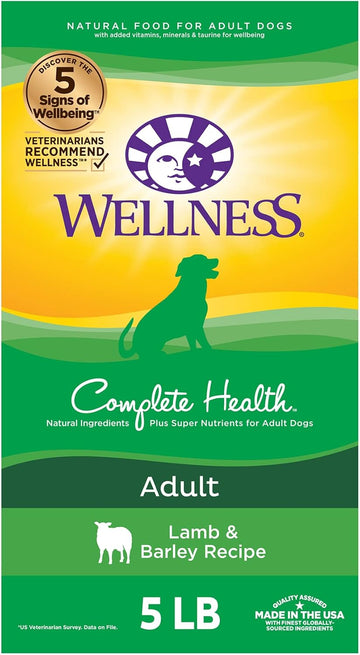 Wellness Complete Health Dry Dog Food With Grains, Natural Ingredients, Made In Usa With Real Meat, All Breeds, For Adult Dogs (Lamb & Barley, 5-Pound Bag)