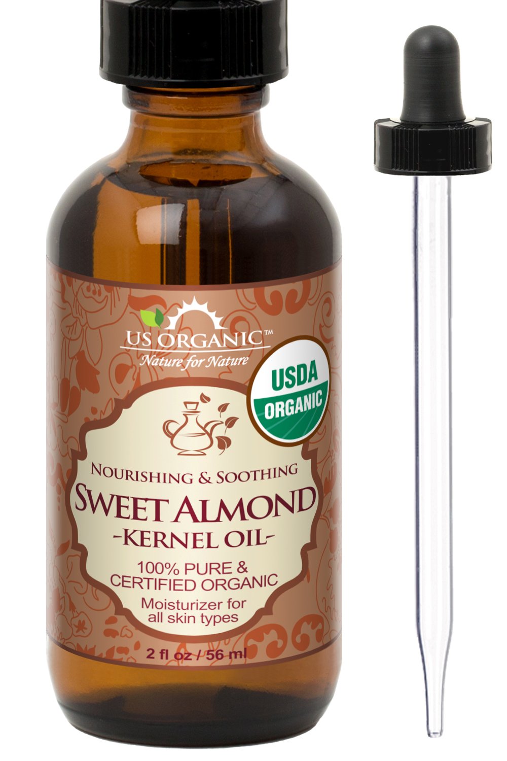 US Organic Sweet Almond Kernel Oil, USDA Certified Organic,100% Pure & Natural, Cold Pressed Virgin, Unrefined in Amber Glass Bottle w/Eyedropper, Sourced from Poland (2 oz (56 ml))