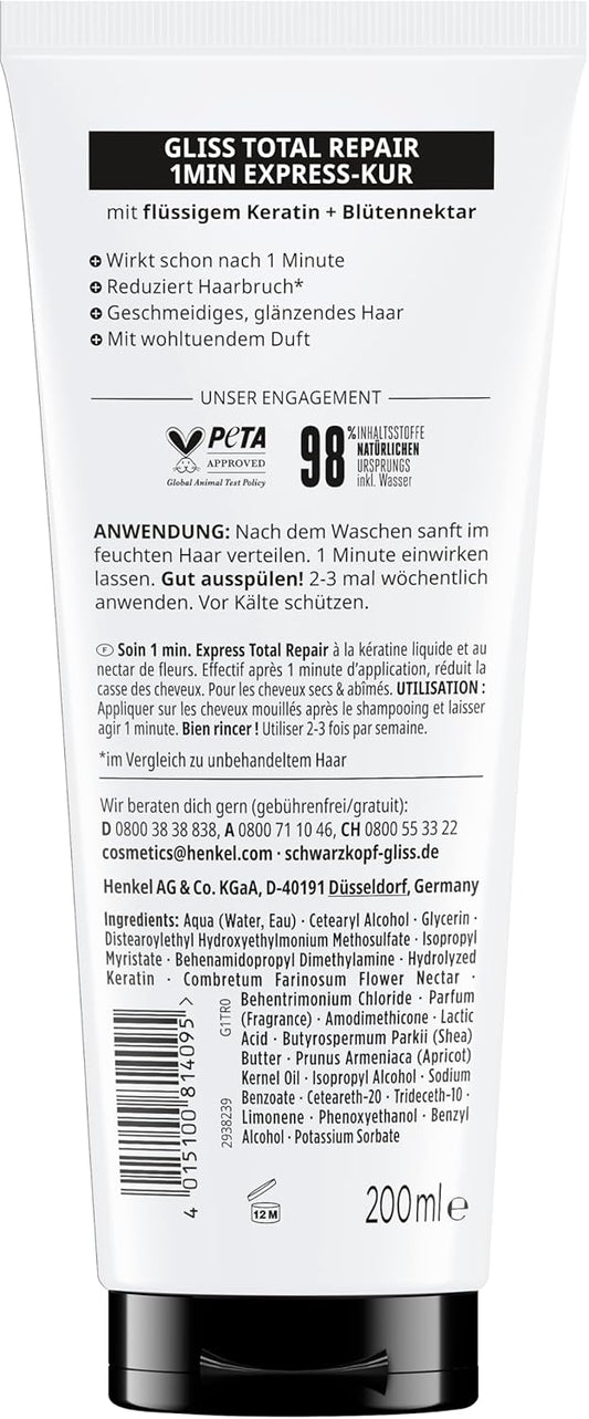 Gliss Kur Schwarzkopf Total Repair 1-Minute Intensive Hair Treatment 200 Ml