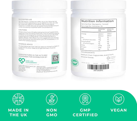 Mct Powder By Lls, 300G - 30 Servings, 100% From Coconuts, Mct Oil Powder High In Healthy Fats And Acacia Fibre, 0G Carbs, Perfect For Keto Diet, Completely Vegan, Lab Tested - Love Life Supplements