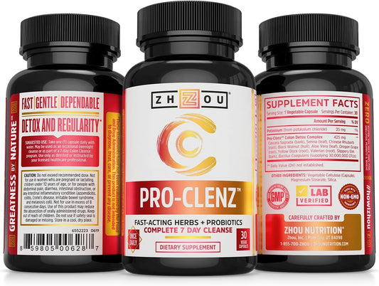 Zhou Pro-Clenz | 7 Day Colon Cleanse Detox With Probiotics | Healthy Weight, Regularity & Digestion Formula | 30 Capsules