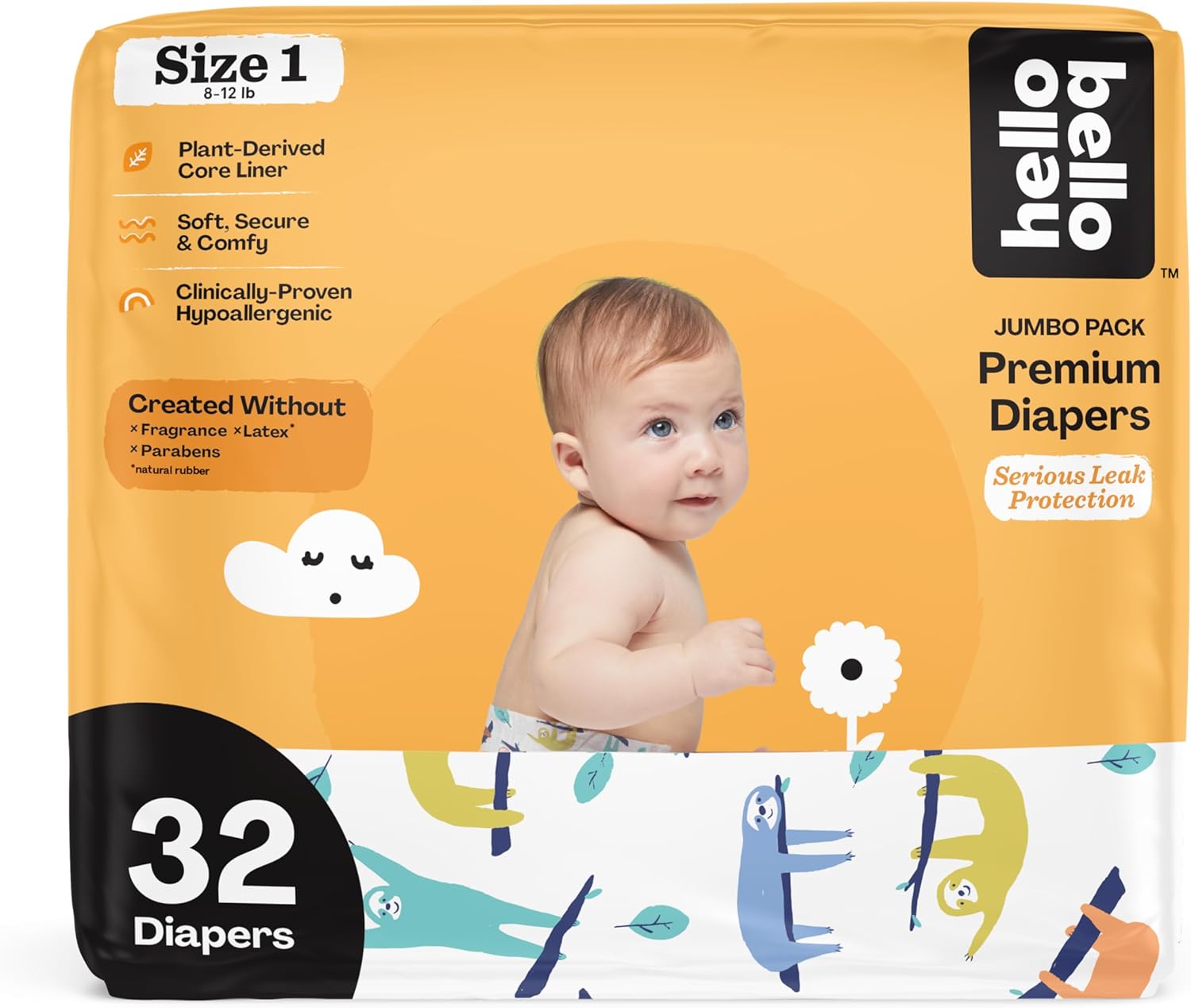 Hello Bello Premium Baby Diapers Size 1 I 32 Count Of Disposable, Extra-Absorbent, Hypoallergenic Baby Diapers With Snug And Comfort Fit I Sleepy Sloth