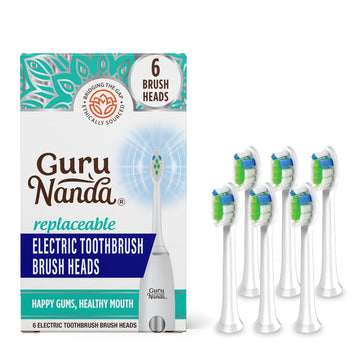 Gurunanda Replacement Sonic Brush Head (Pack Of 6) - Compatible With Gurunanda Sonic Toothbrushes - Round-Ended, Soft Bristles To Help With Plaque Control & Teeth Whitening - Iprx Waterproof (White)