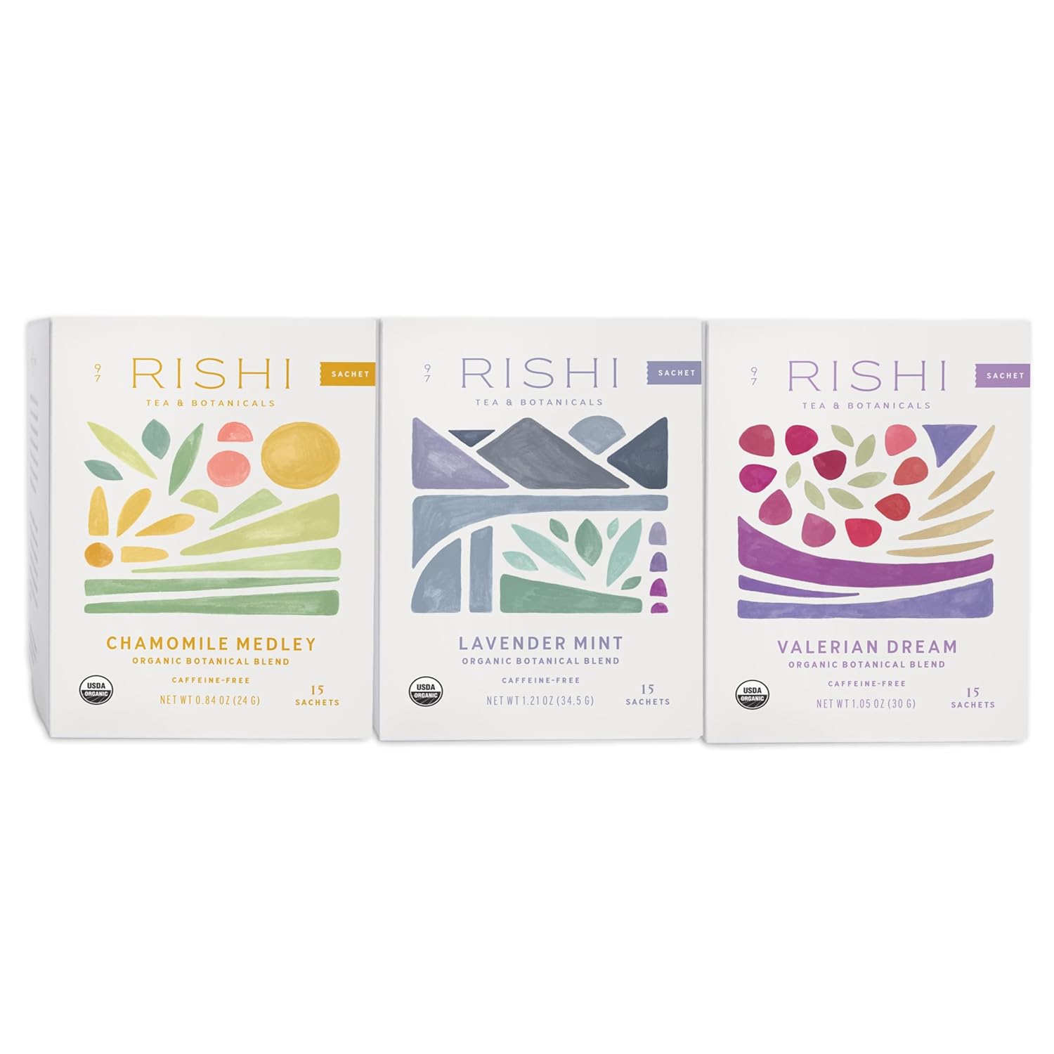 Rishi Tea Chamomile Medley, Lavender Mint & Valerian Dream Herbal Tea Bundle - Organic Sachet Tea Bags, Caffeine Free Sleep Friendly Teas - 15 Count (Pack Of 3)