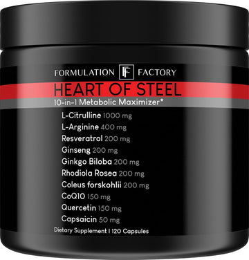 Heart Of Steel: 10-In-1 Metabolic Maximizer Nitric Oxide Supplement, Blood Pressure Support, L Arginine, L Citrulline Natural Pre-Workout: Energy Management 120 Count