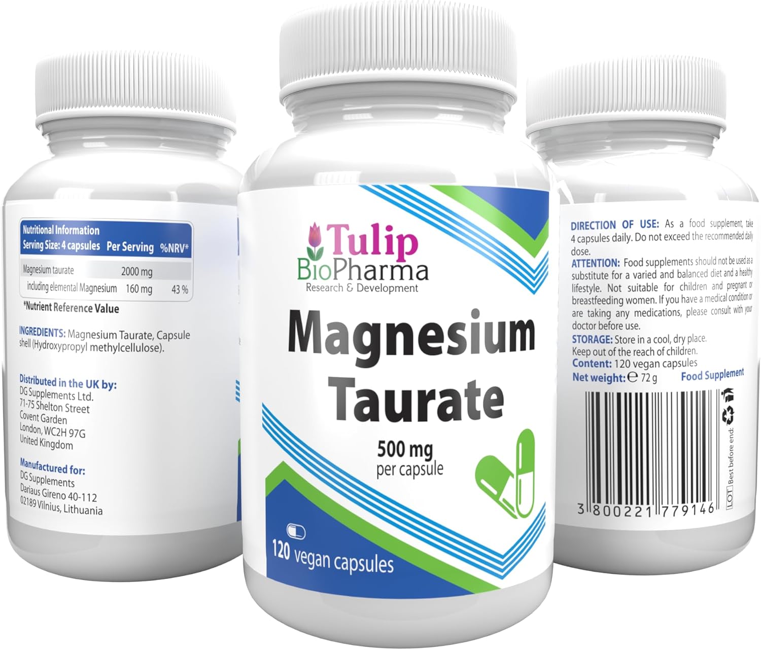 Magnesium Taurate 2000Mg Per Serving 120 Vegan Capsules, 3Rd Party Lab Tested