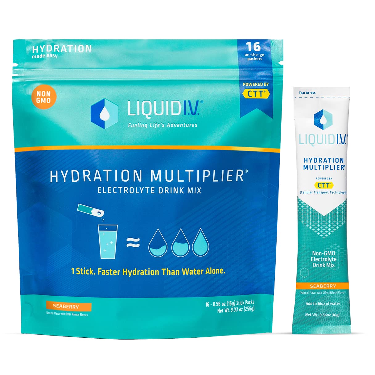 Liquid I.V. Hydration Multiplier - Seaberry - Hydration Powder Packets | Electrolyte Powder Drink Mix | Easy Open Single-Serving Sticks | Non-GMO | 1 Pack (16 Servings)