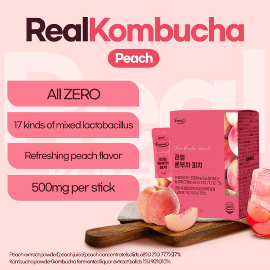Funeat Real Kombucha Peach Flavor, Zero Sugar, Sparkling Fermented Powered Mix Beverage From Korea, 30 Sticks, 5 Ounce