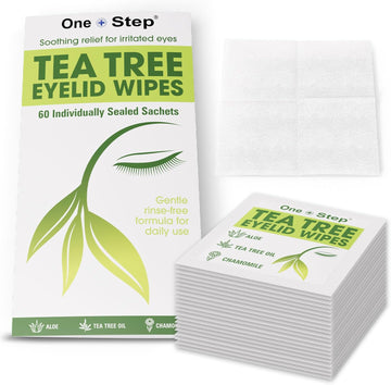 One Step Tea Tree Oil Eyelid Wipes, 60 Sachets, Natural, Aloe, Chamomile Daily Cleanser, Soothe, Relieve For Dry, Irritated, Tired, Itchy Eyes