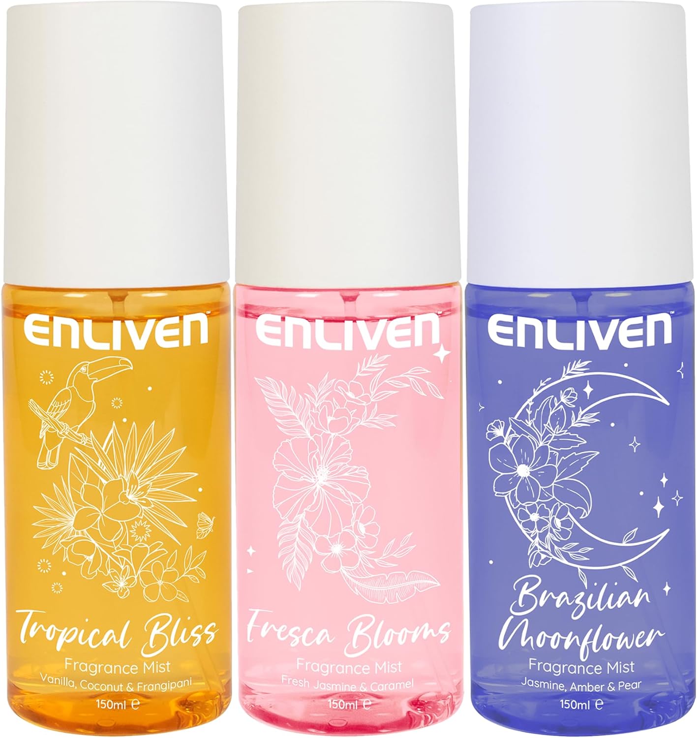 Enliven Body Mist For Women - 150Mlx3 Pack - Tropical Bliss, Fresca Blooms & Brazilian Moonflower Body Spray - Gifts For Women - Fragrance Body Mist - Womens Body Spray