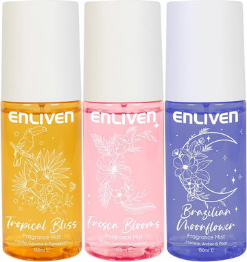 Enliven Body Mist For Women - 150Mlx3 Pack - Tropical Bliss, Fresca Blooms & Brazilian Moonflower Body Spray - Gifts For Women - Fragrance Body Mist - Womens Body Spray