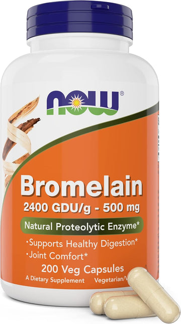 Now Bromelain 500 Mg, 200 Veg Capsules - Natural Pineapple, Proteolytic Enzyme Supplement, 2400 Gdu