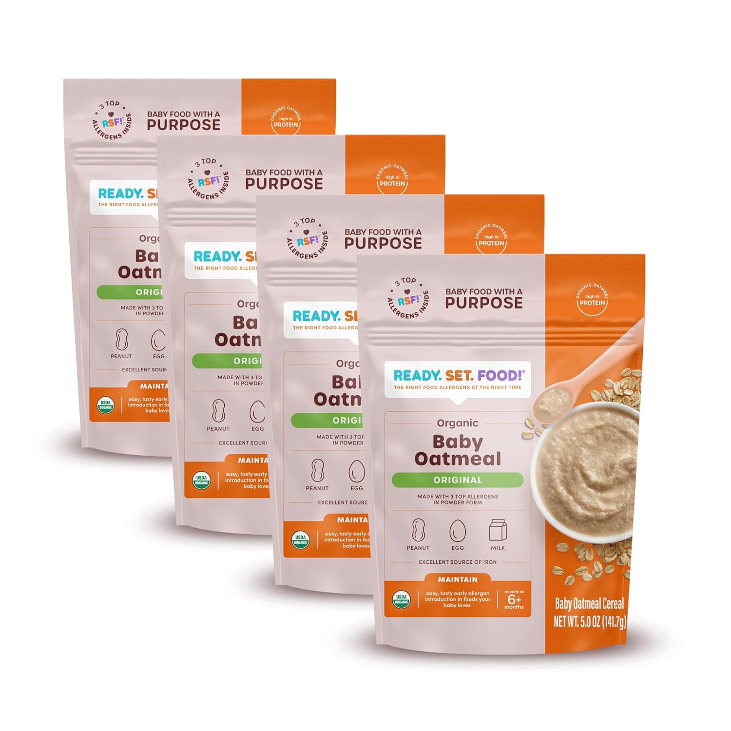 Ready Set Food Organic Baby Oatmeal Cereal – Safe & Easy Early Allergen Exposure For Babies 6+ Months, Organic Baby Food With 3 Top Allergens: Organic Peanuts, Egg, And Milk (Original, 4-Pack)