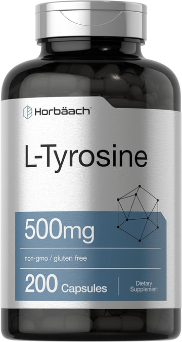 Horbäach L Tyrosine 500mg Capsules | 200 Count | Non GMO, Gluten Free Supplement