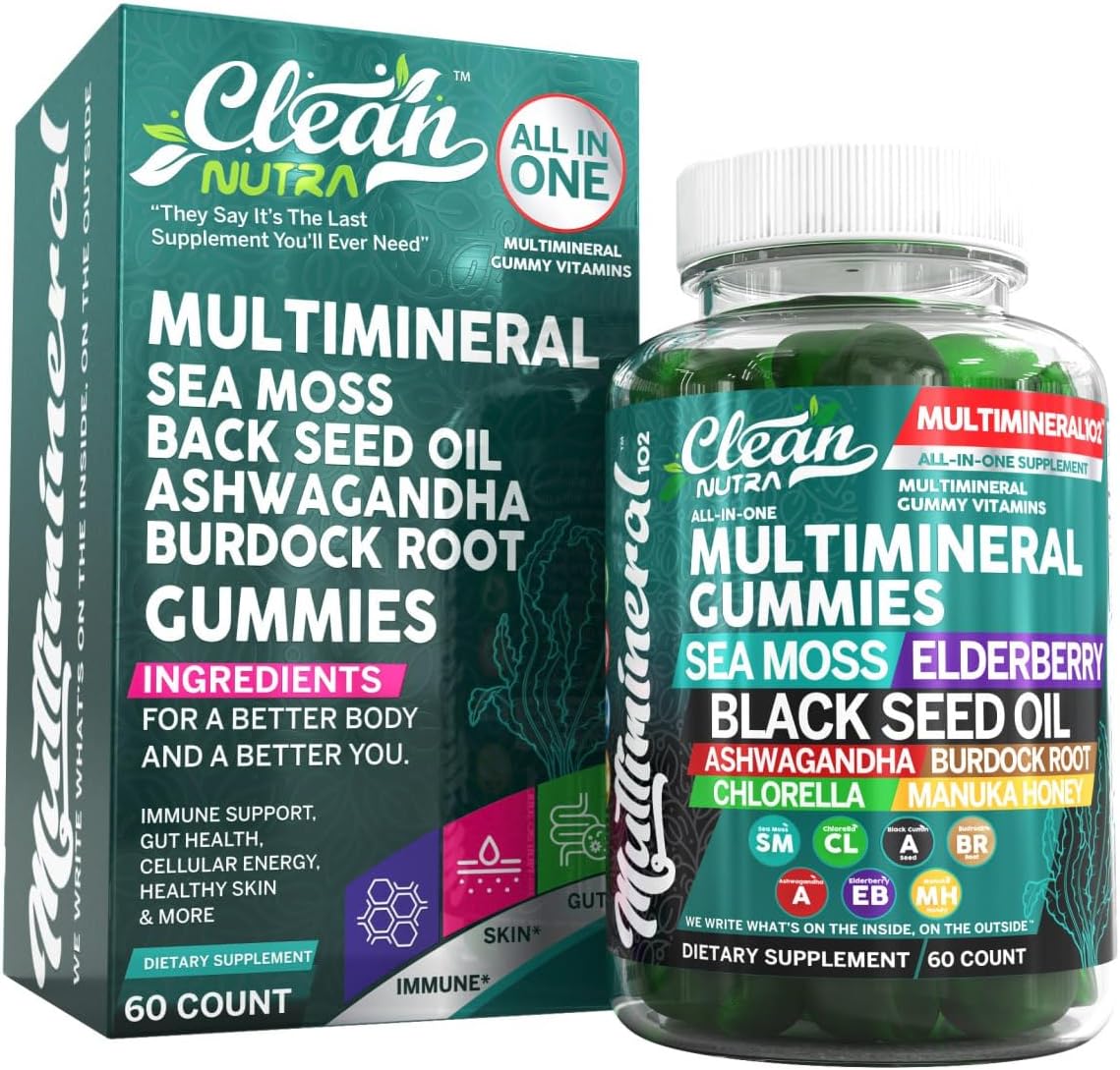 Sea Moss Black Seed Oil Gummies With Ashwagandha, Elderberry, Burdock Root, Chlorella, Manuka Honey - Vegan Gummy Vitamins For Adults Kids Men Women - Multimineral Green Apple Flavor By Clean Nutra