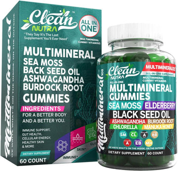 Sea Moss Black Seed Oil Gummies With Ashwagandha, Elderberry, Burdock Root, Chlorella, Manuka Honey - Vegan Gummy Vitamins For Adults Kids Men Women - Multimineral Green Apple Flavor By Clean Nutra