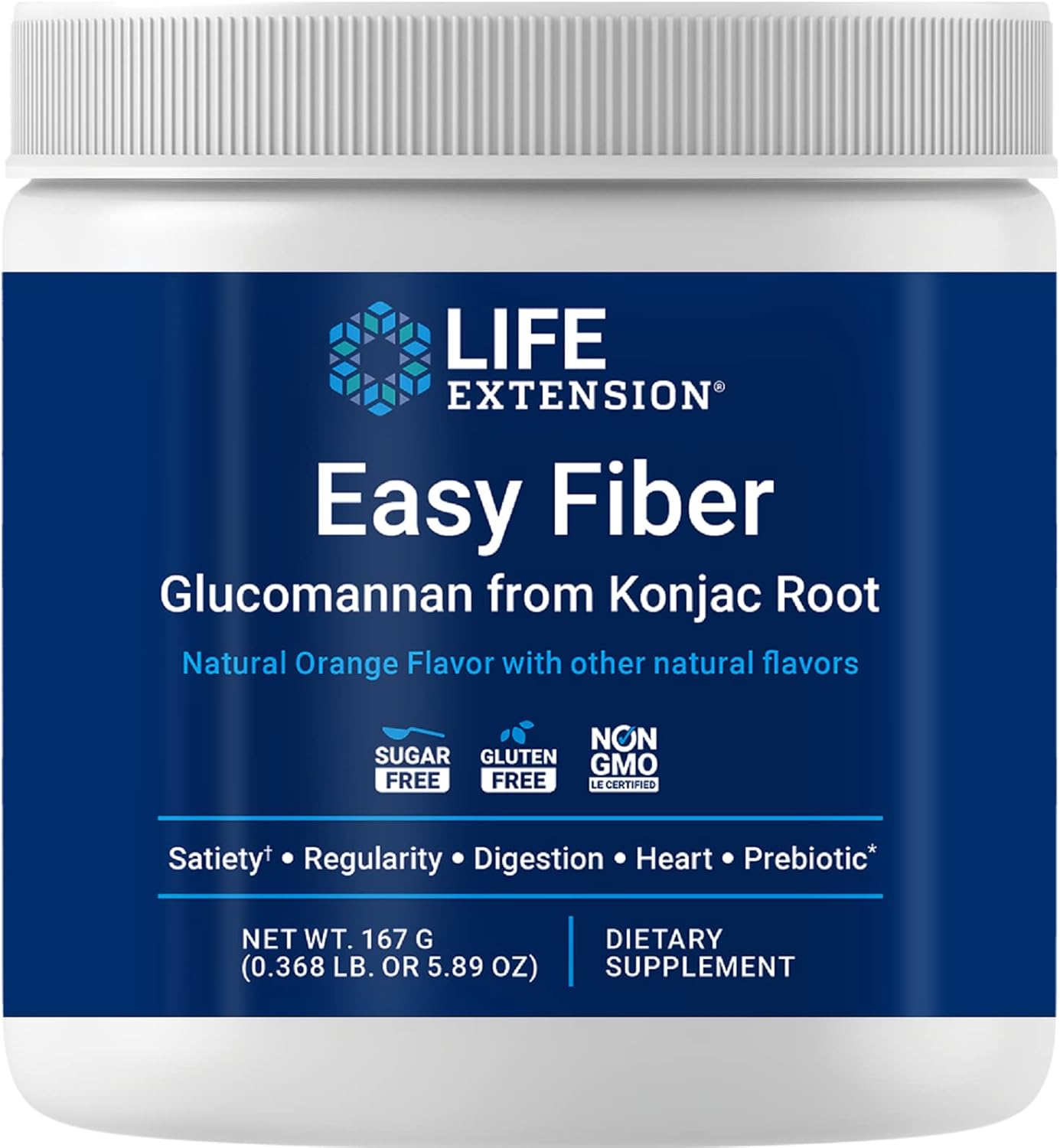 Life Extension Easy Fiber - Glucomannan Fiber, Regularity, Digestion, Heart Health, No Artificial Sweeteners, Vegetarian, Non-Gmo, Gluten Free, Sugar Free, Net Wt. 167 G (0.368 Lb. Or 5.89 Oz)