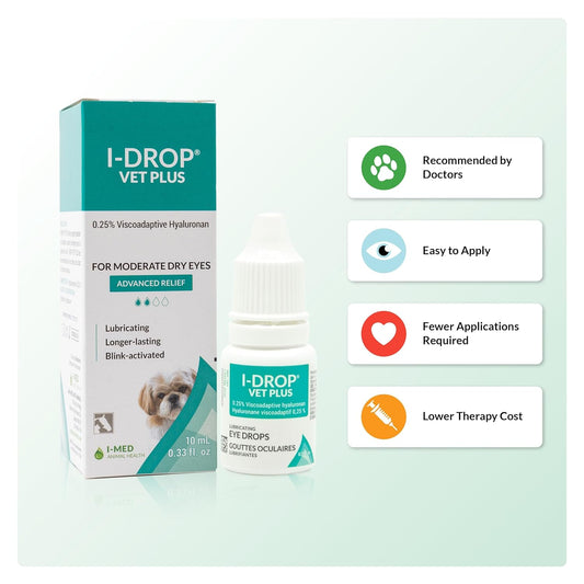 I-DROP VET PLUS: Pet Eye Drops for Dogs | Lubricate Acute/Seasonal Dry Eyes | Superior Comfort | Long-lasting Relief | Fewer Application Needed, 0.25% Hyaluronan | Multi dose Bottle | One Bottle 10 ml