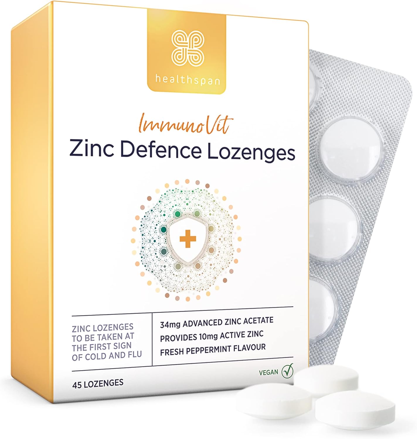Healthspan Immunovit Zinc Defence Lozenges (45 Lozenges) | All Year-Round Immunity Support | Cold & Flu | Providing 10Mg Ionic Zinc (100% Nrv) | Peppermint Flavoured | Vegan