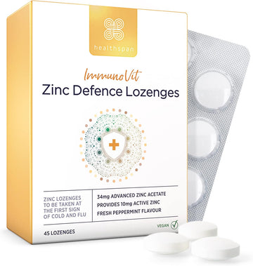 Healthspan Immunovit Zinc Defence Lozenges (45 Lozenges) | All Year-Round Immunity Support | Cold & Flu | Providing 10Mg Ionic Zinc (100% Nrv) | Peppermint Flavoured | Vegan