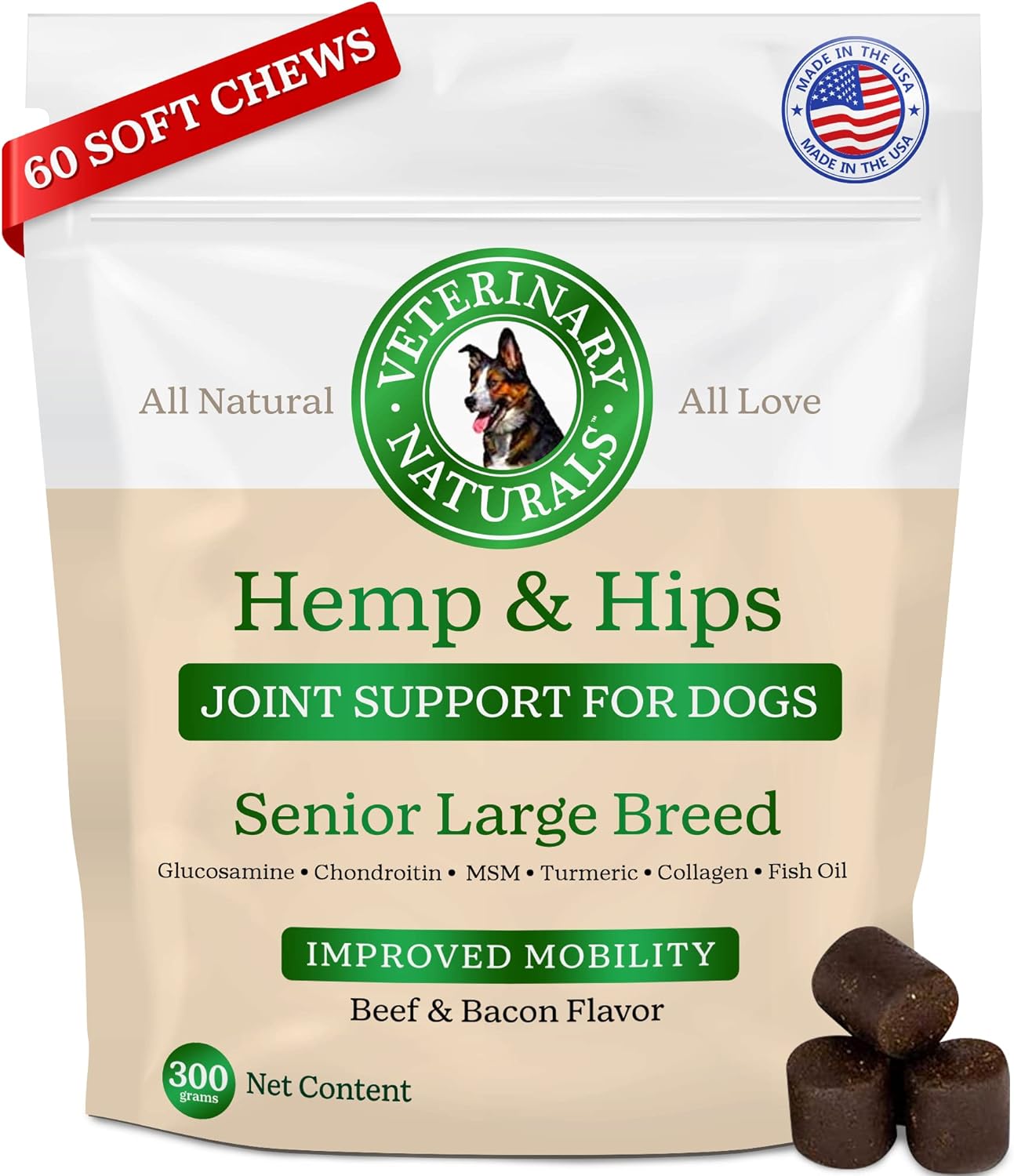 Vet Naturals Hemp & HIPS - Dog Joint Supplement Large Breed - Senior Dog Supplements - Glucosamine and Chondroitin Supplement for Large Dog - MSM & USA Grown Hemp Oil (60ct-Beef and Bacon)