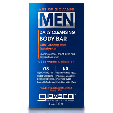 Giovanni Men'S Daily Cleansing Body Bar, With Ginseng And Eucalyptus, Deeply Cleanses & Moisturizes For Hydrated Skin, Men'S Cedarwood Collection For All Skin Types, Vegan-Friendly - 5 Oz