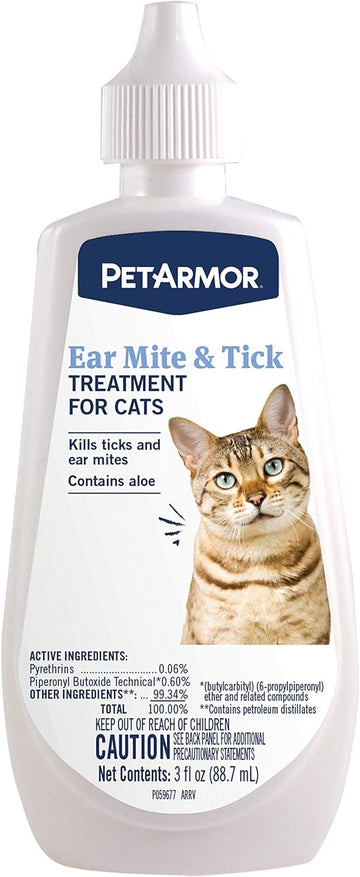 PetArmor Ear Mite Treatment for Cats, Ear Mite Medicine Kills Ticks and Ear Mites to Relieve Itchiness, Ear Mite Drops Sooths Ears with Aloe, 3oz