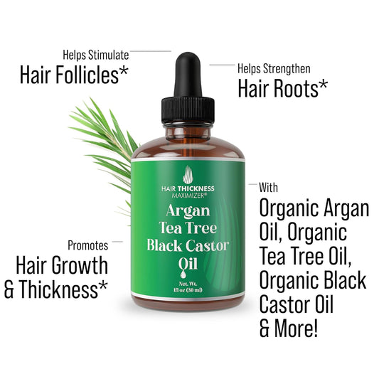 Argan + Tea Tree Oil + Black Castor Oil For Hair Growth. Vegan Thickening, Moisturizing, Strengthening Stay In Conditioner Oil For Women, Men. A Scalp Serum Treatment For Weak, Frizzy, Dry Hair 1Oz