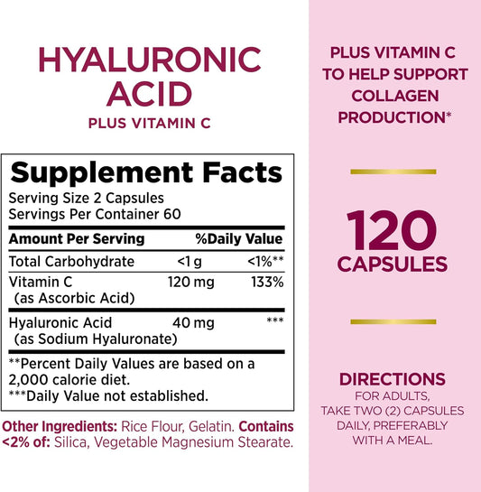 Nature's Bounty Optimal Solutions Hyaluronic Acid, Supports Glowing Skin and Immune Function, with Vitamin C, 120 Capsules