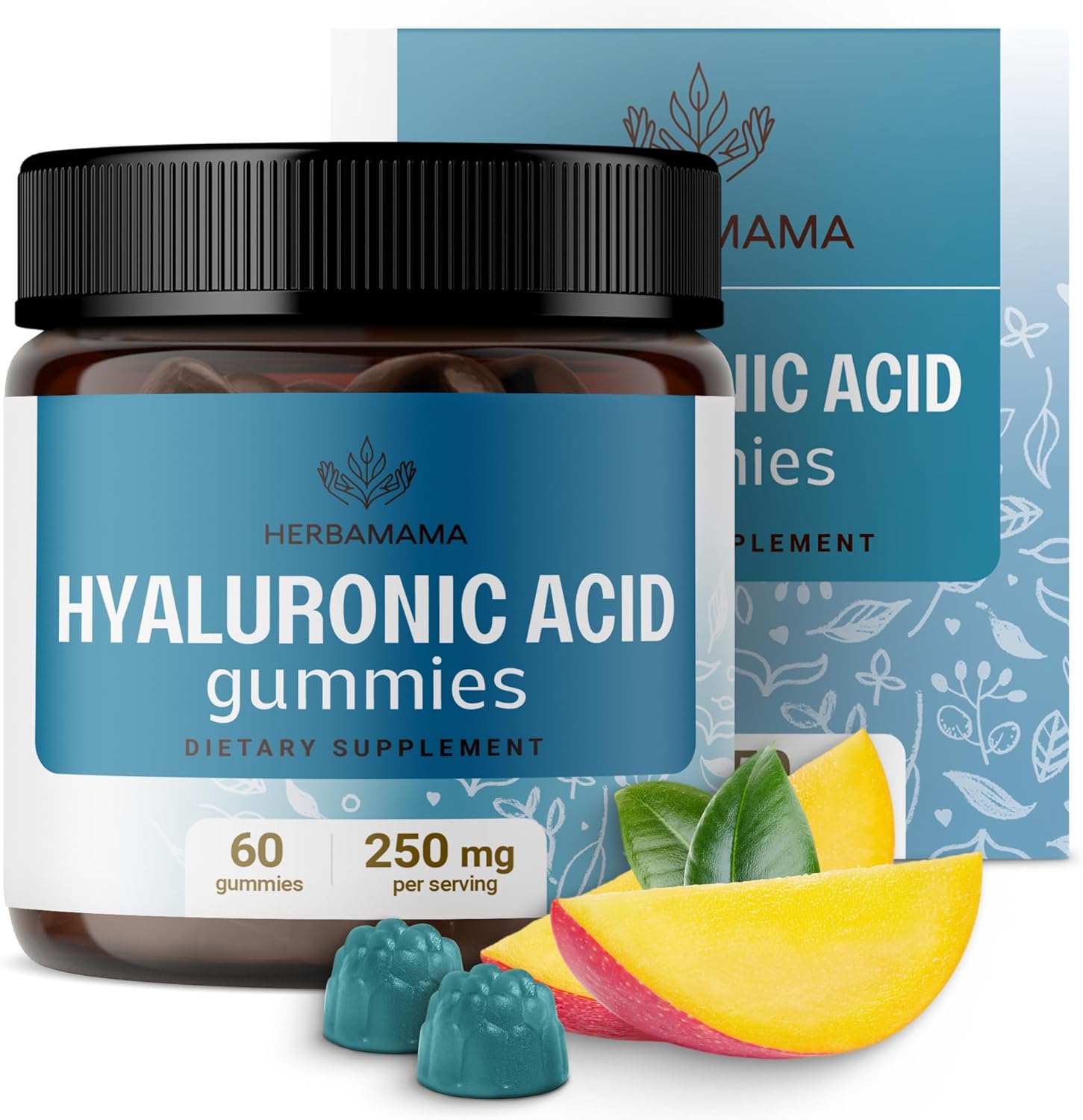 Herbamama Hyaluronic Acid Gummies - 250 Mg Hyaluronic Acid Supplements For Skin And Joints - Vegan, Gelatin-Free, Non-Gmo - 60 Mango-Flavored Hyaluronic Acid Chewables